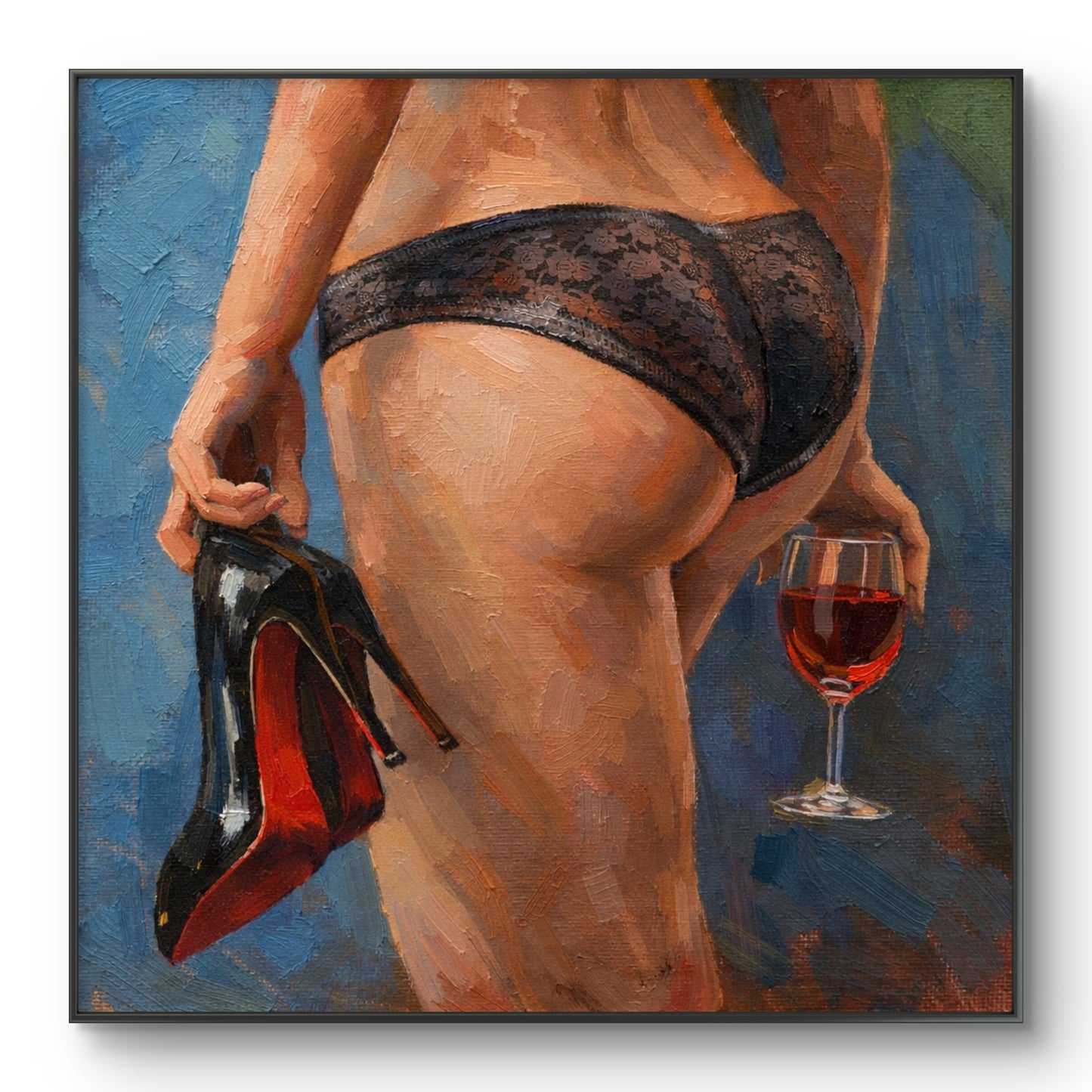 The one walking with her wine and shoes in hand.