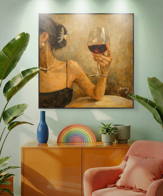The one with the face away holding the wine glass