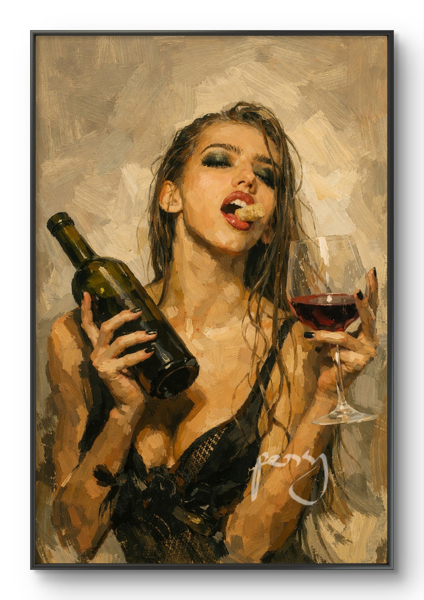 The with the bottle cork in the mouth drinking wine