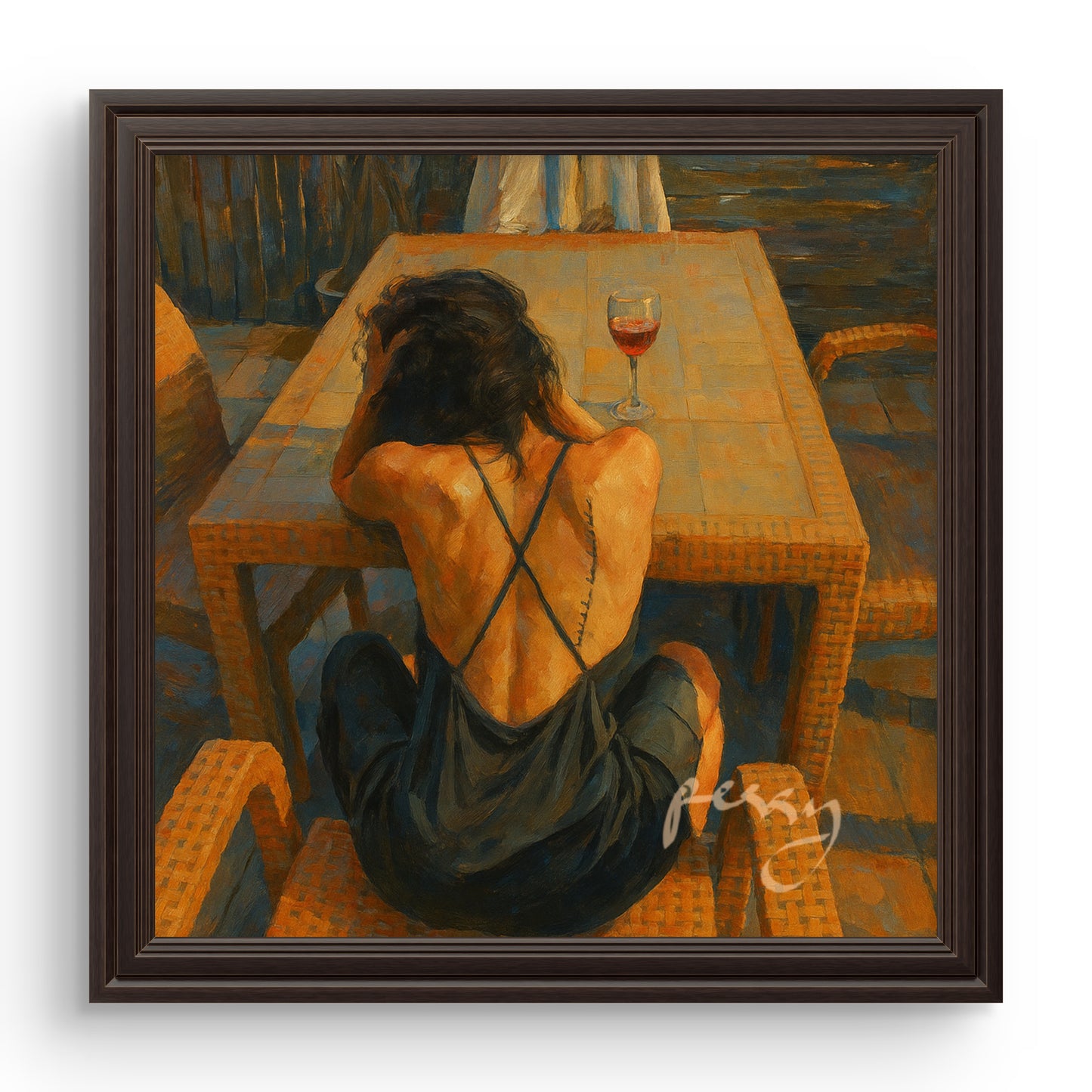 The one at the table with her wine