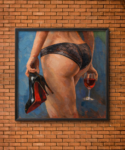 The one walking with her wine and shoes in hand.