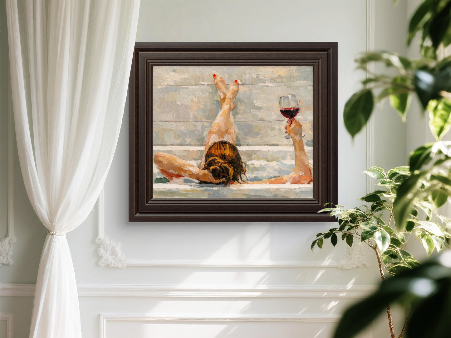The one in bathtub feet up with wine