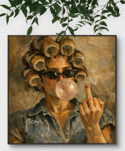 The one with the hair curler and bubble gum