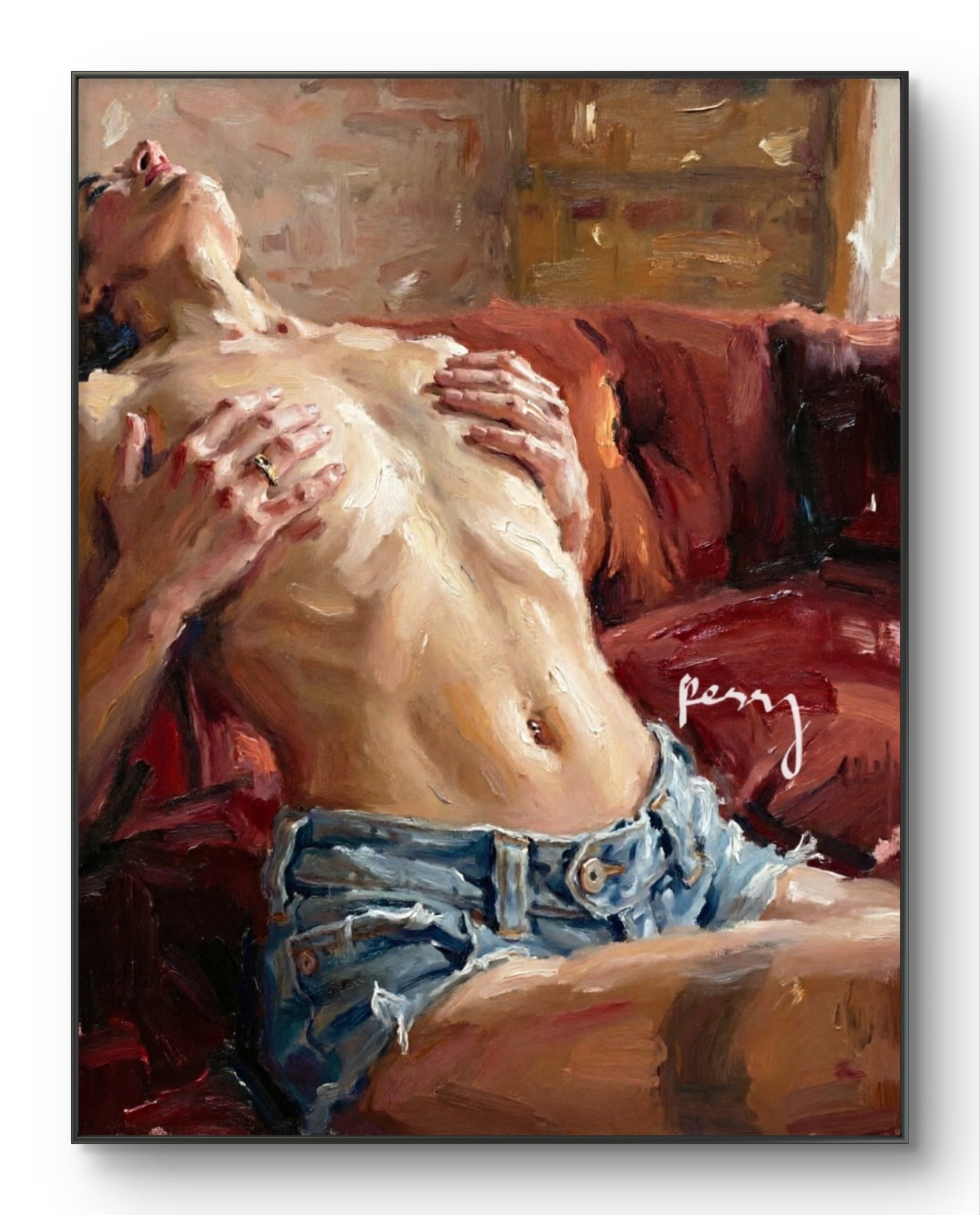 The one on the red sofa