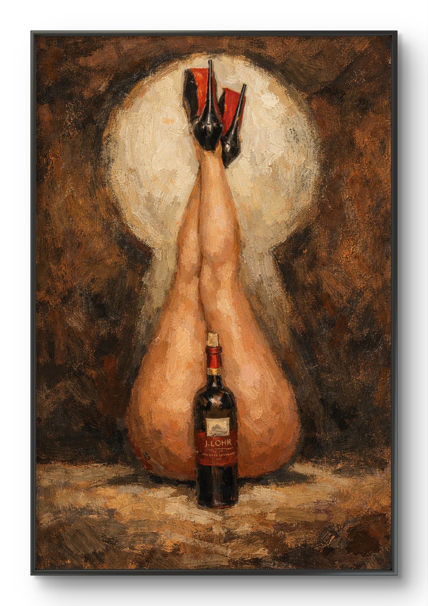The one with the feet up behind a wine bottle