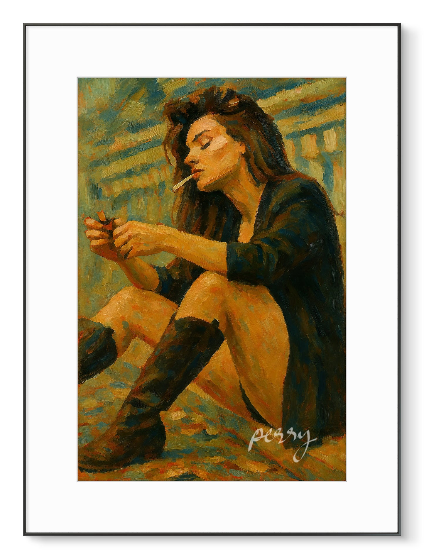 The one sitting on the bridge and smoking