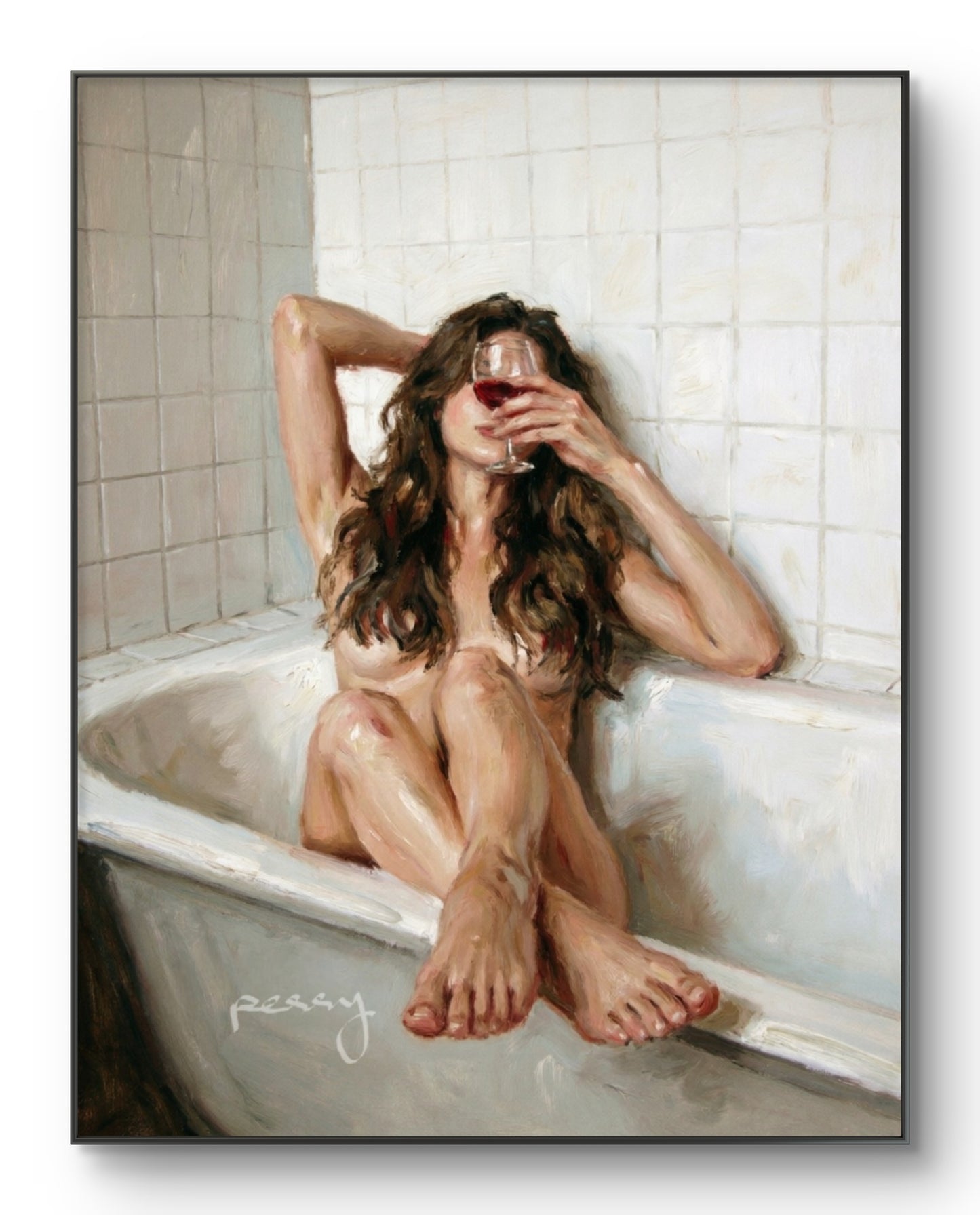 The one in the bathtub hiding her face with wine