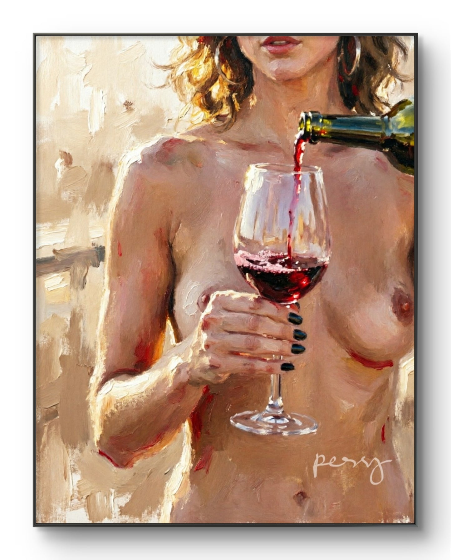 The one topless on the terrace drinking wine