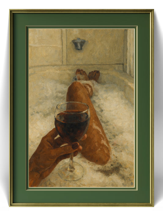 The one with brown skin in bathtub drinking wine