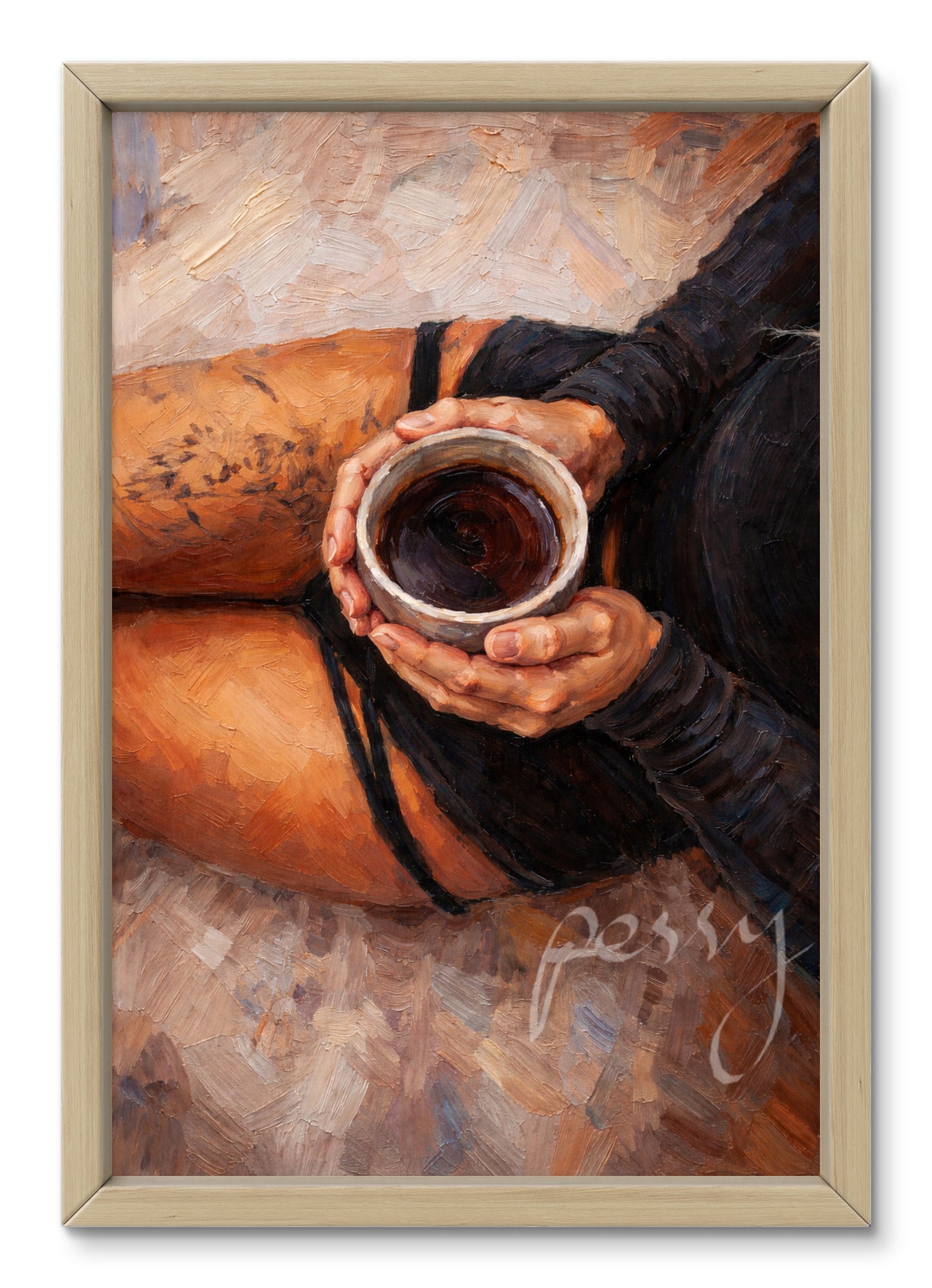 The one holding the coffee mug on her lap