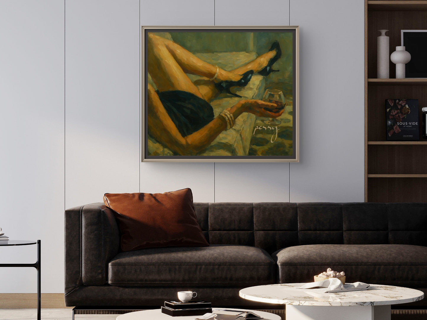 The one on the sofa with wine