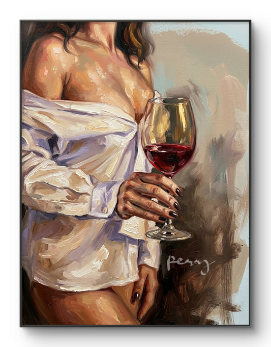 The one with the white shirt holding wine glass