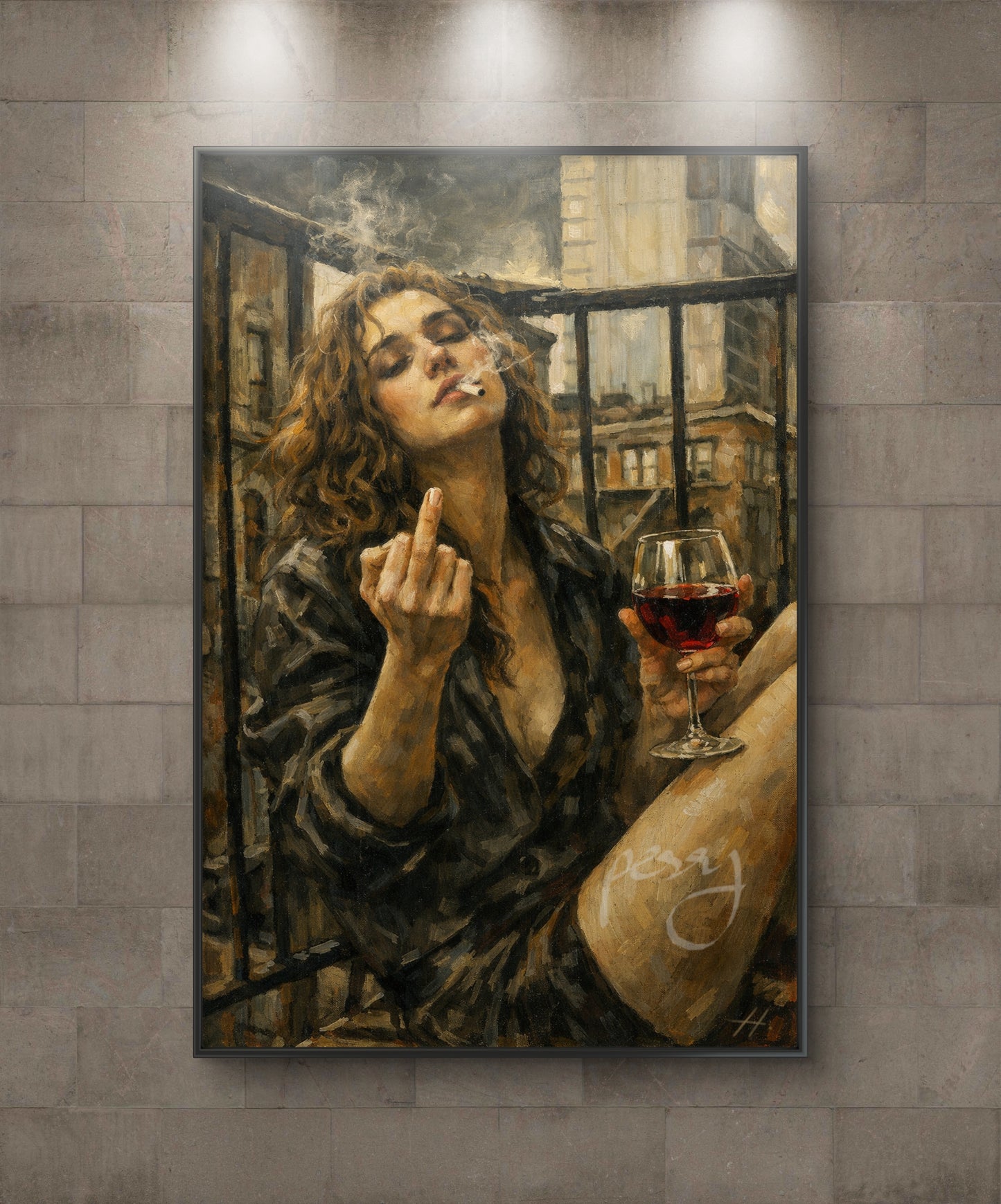 The one on the balcony with a glass of wine