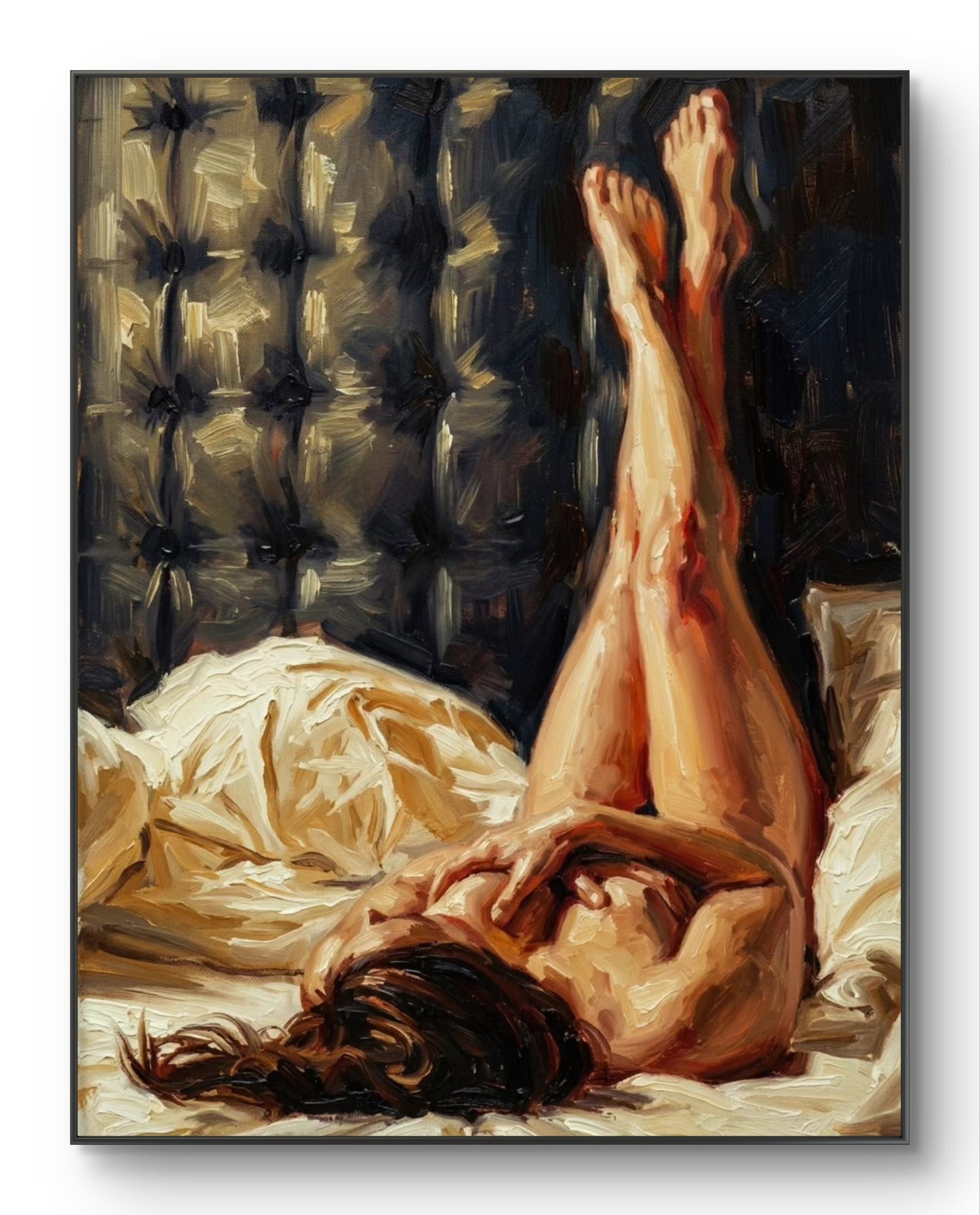 The one with feet up on the bed