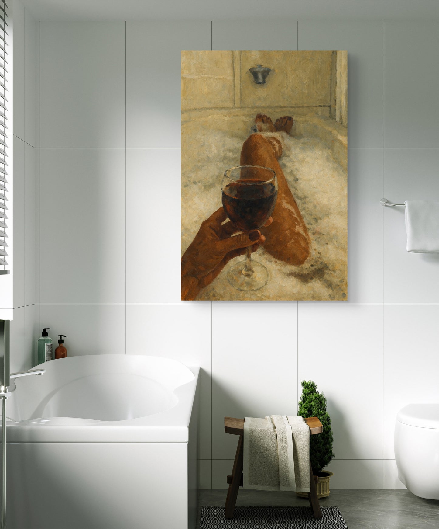The one with brown skin in bathtub drinking wine