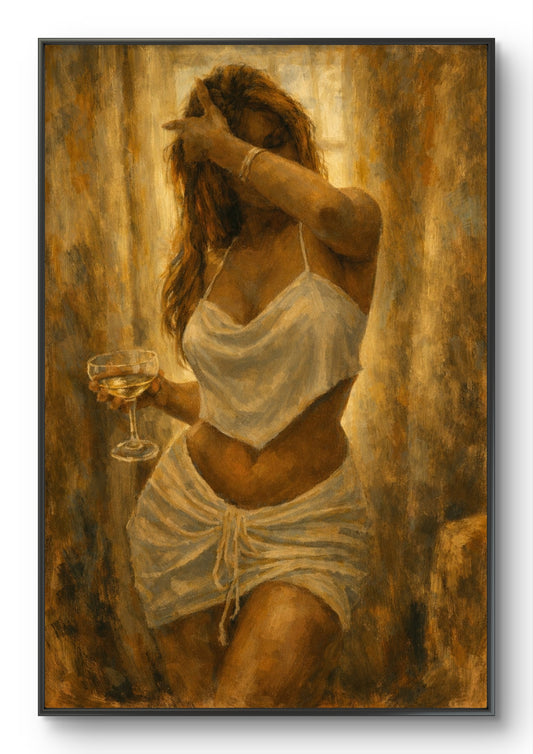 The one with white skirt and drinking white wine