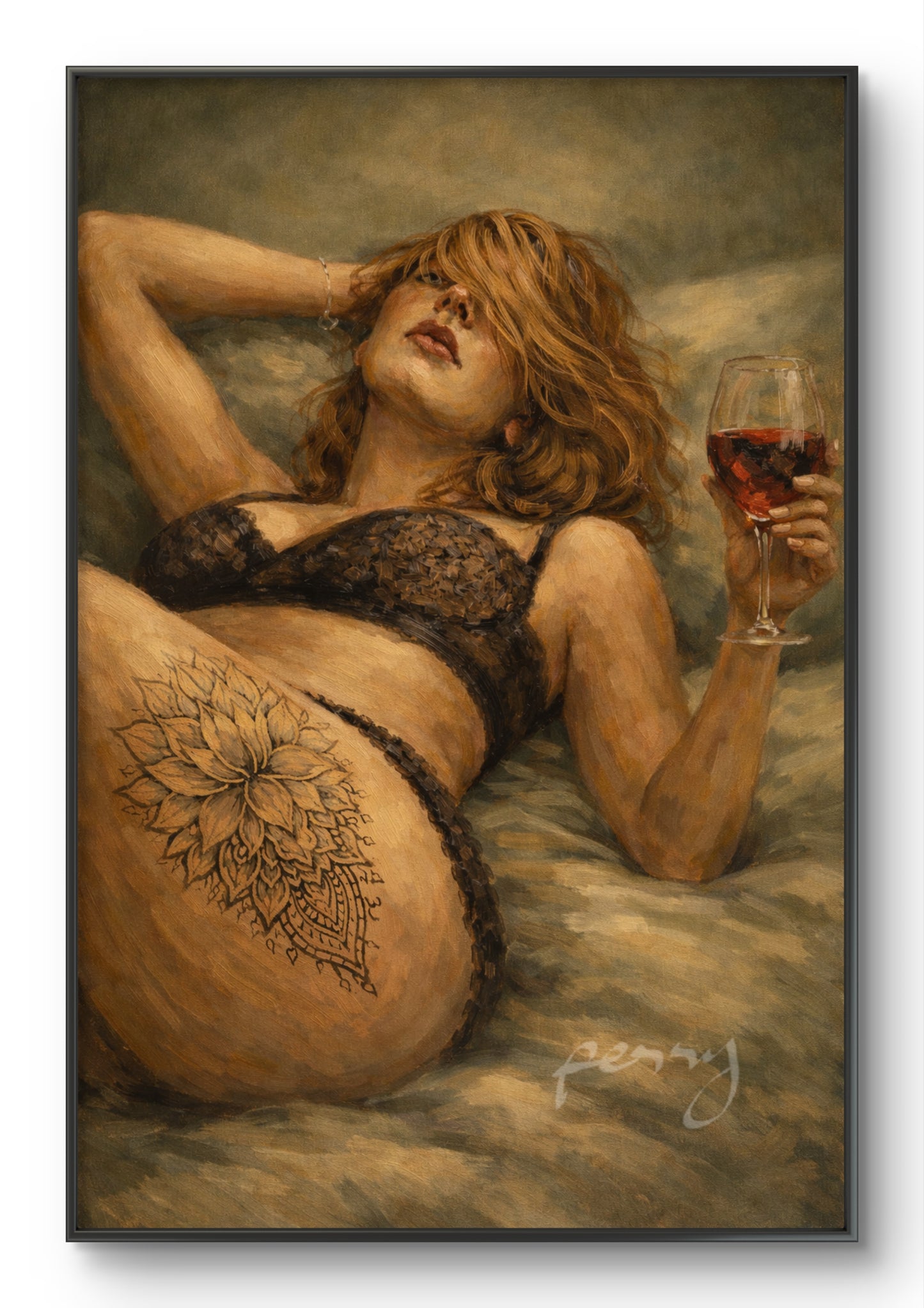 The one with big tattoo, lying on the sofa and drinking wine