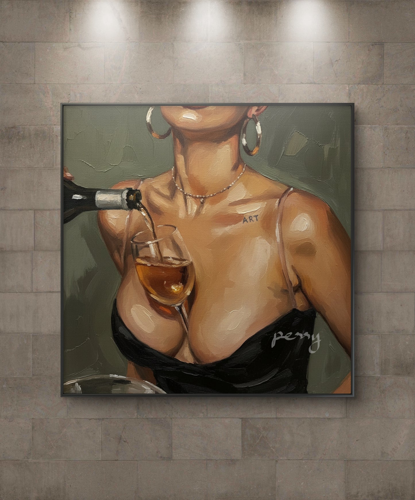 The one holding a wine glass on her chest