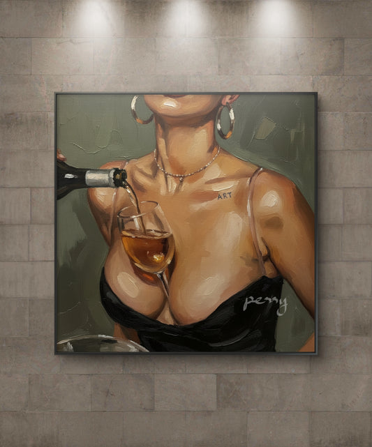 The one holding a wine glass on her chest