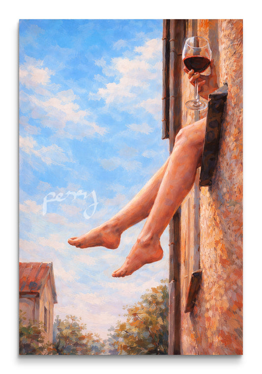 The one hanging her legs from the window