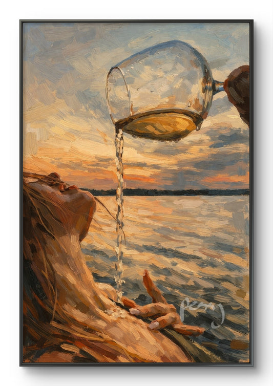The one pouring wine on her chest by the sea