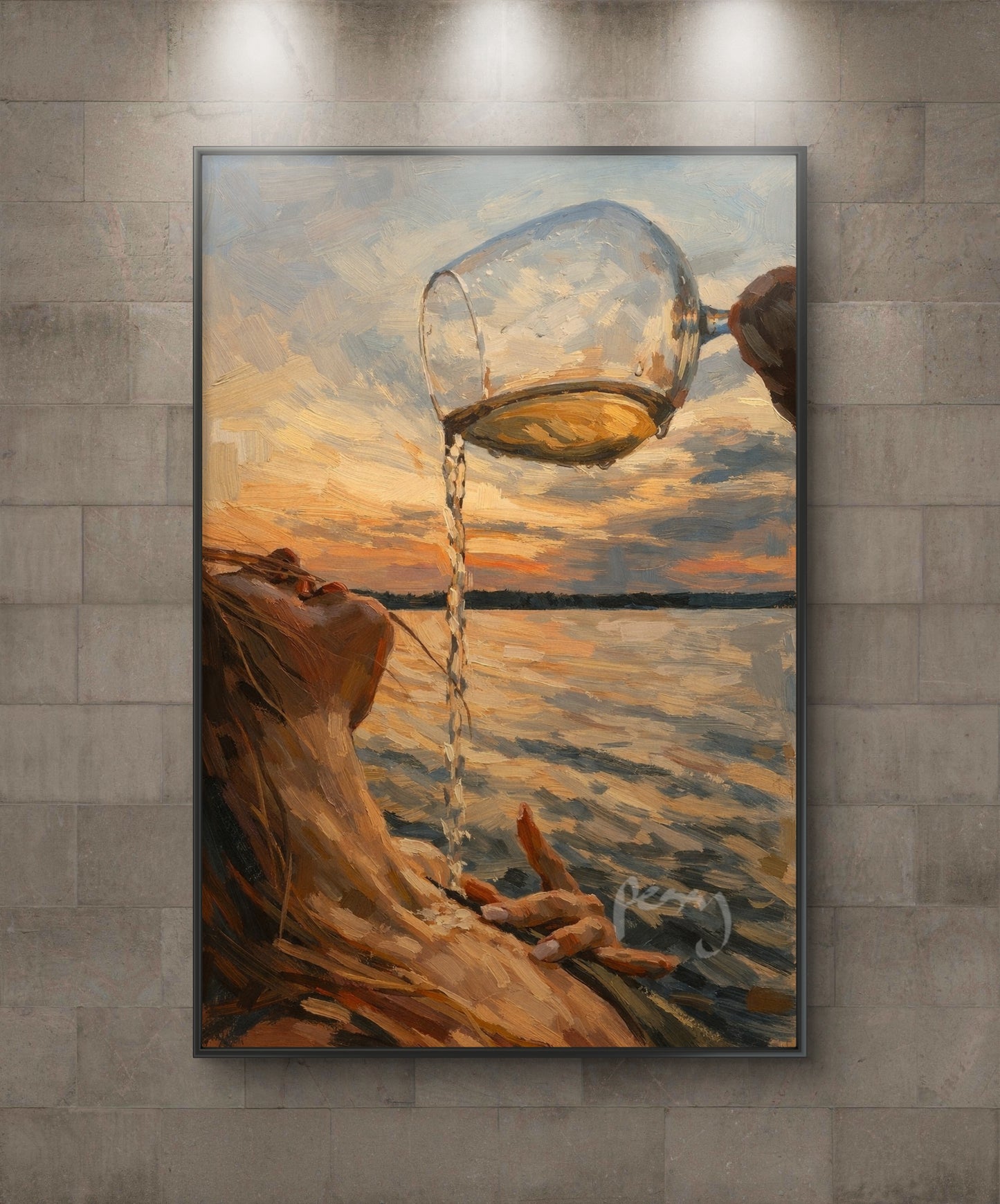 The one pouring wine on her chest by the sea