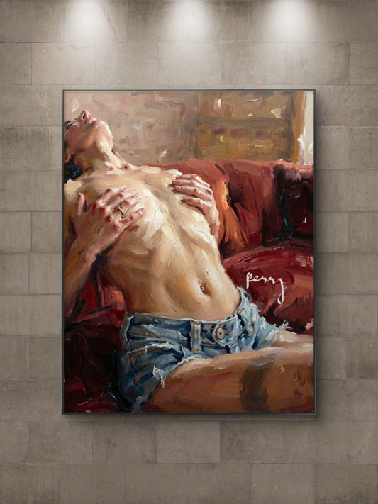The one on the red sofa