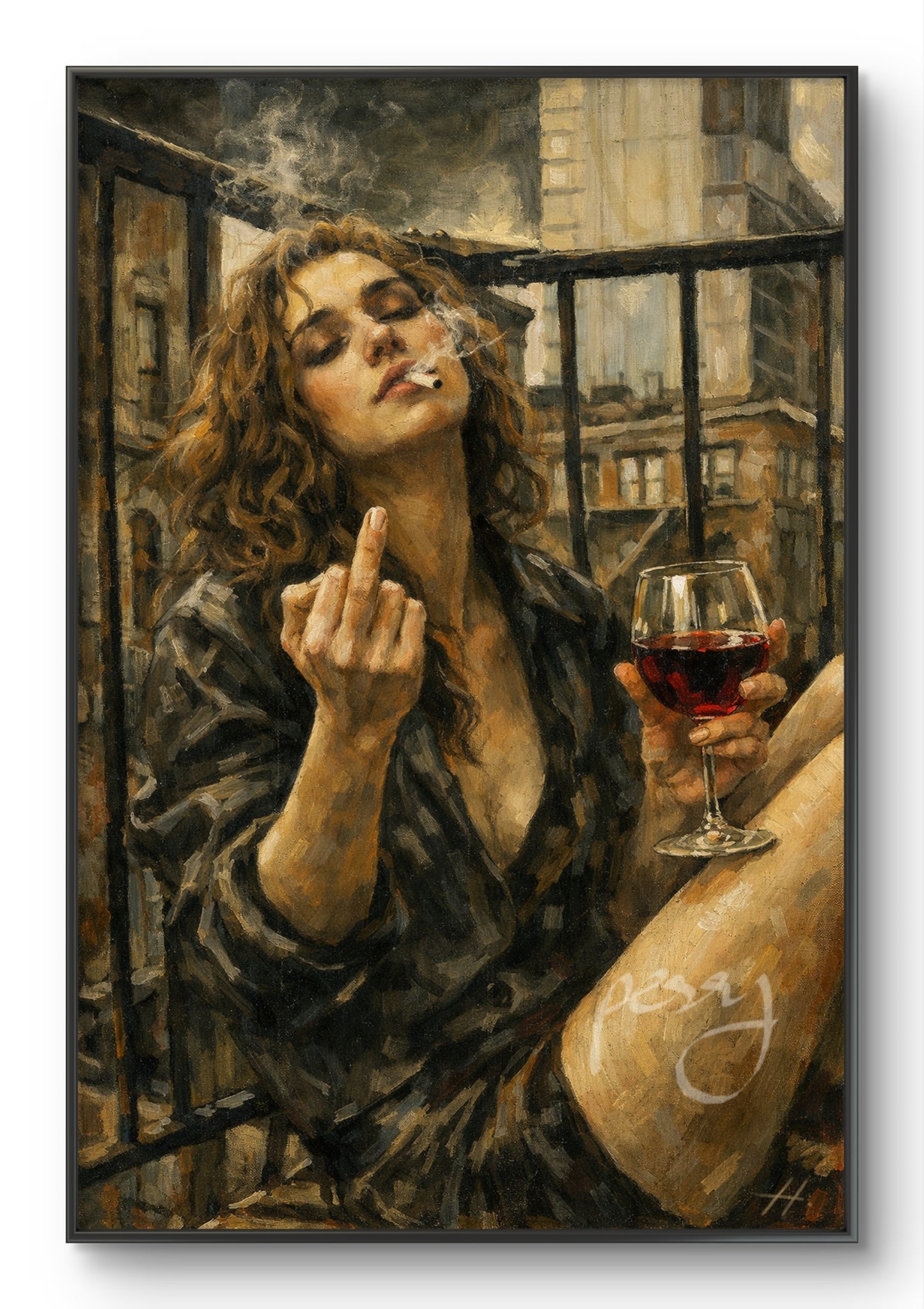 The one on the balcony with a glass of wine