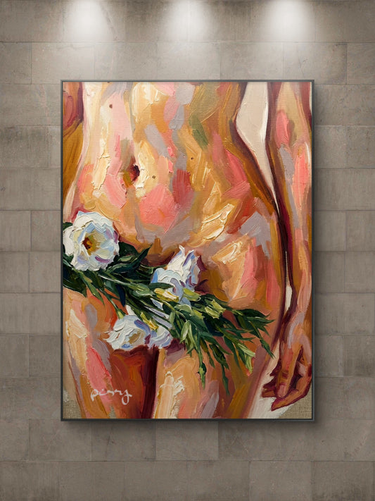The one with the flower in front of her