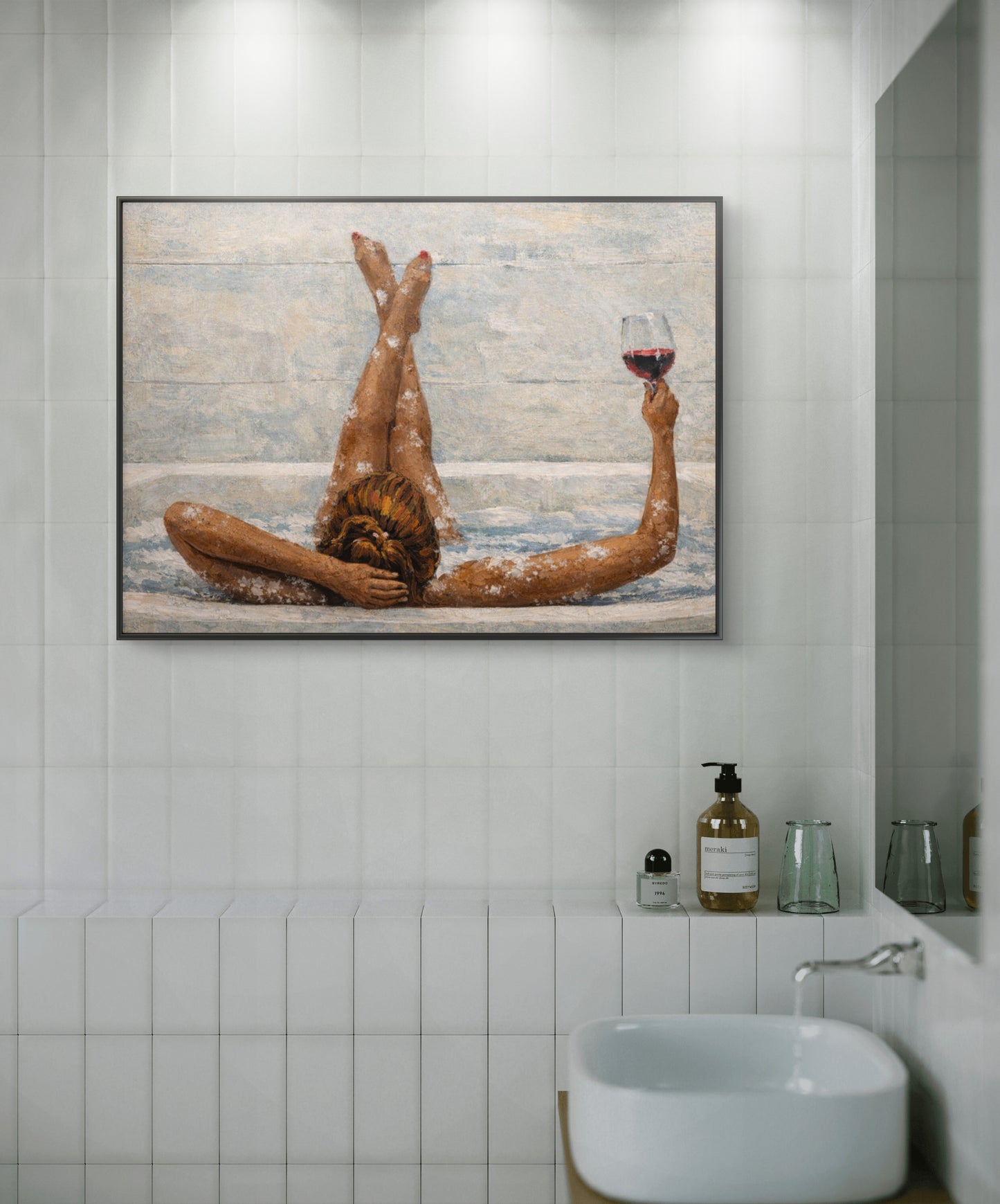 The one with brown skin feet up in bathtub