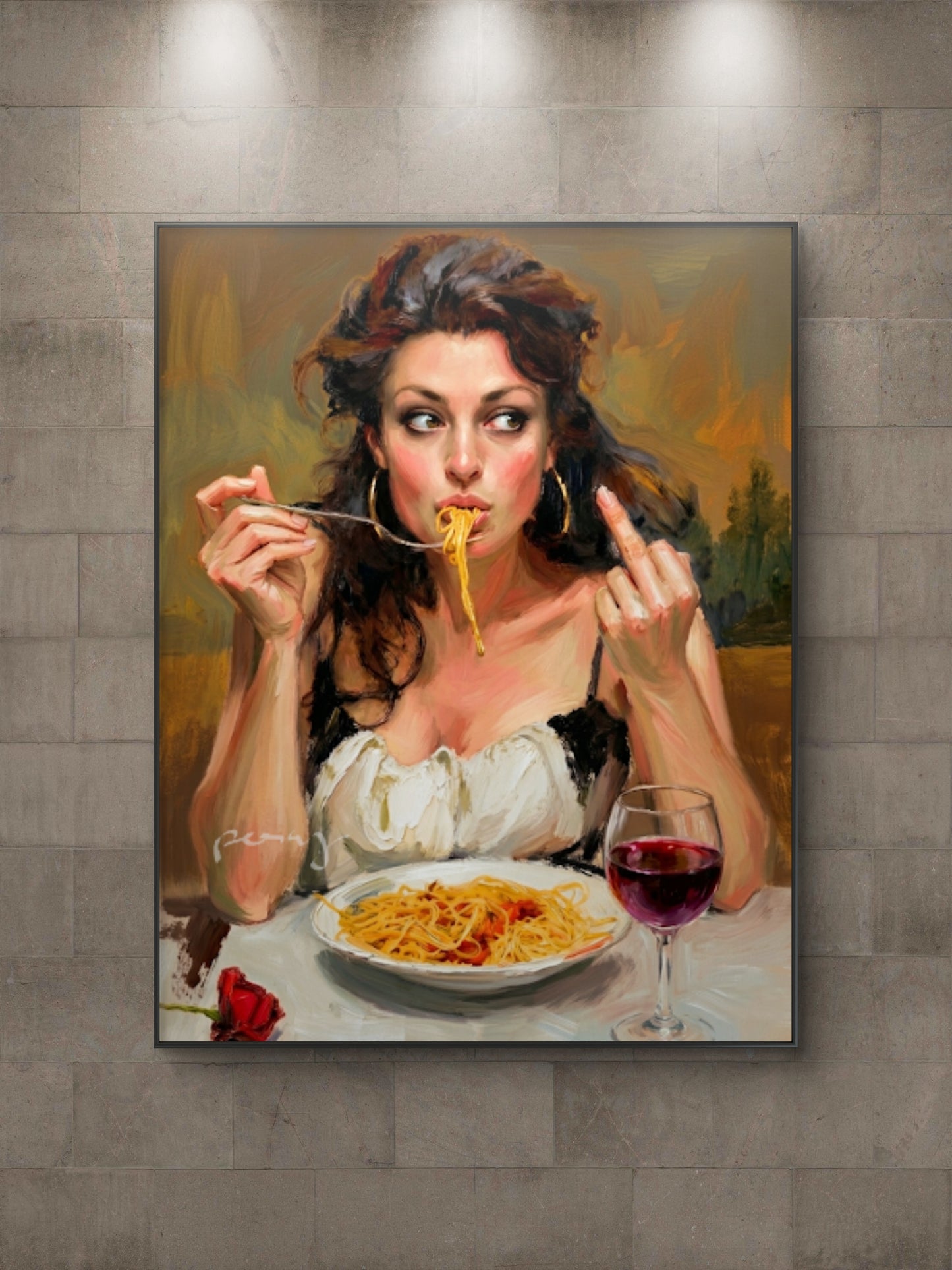 The one eating pasta and flipping off