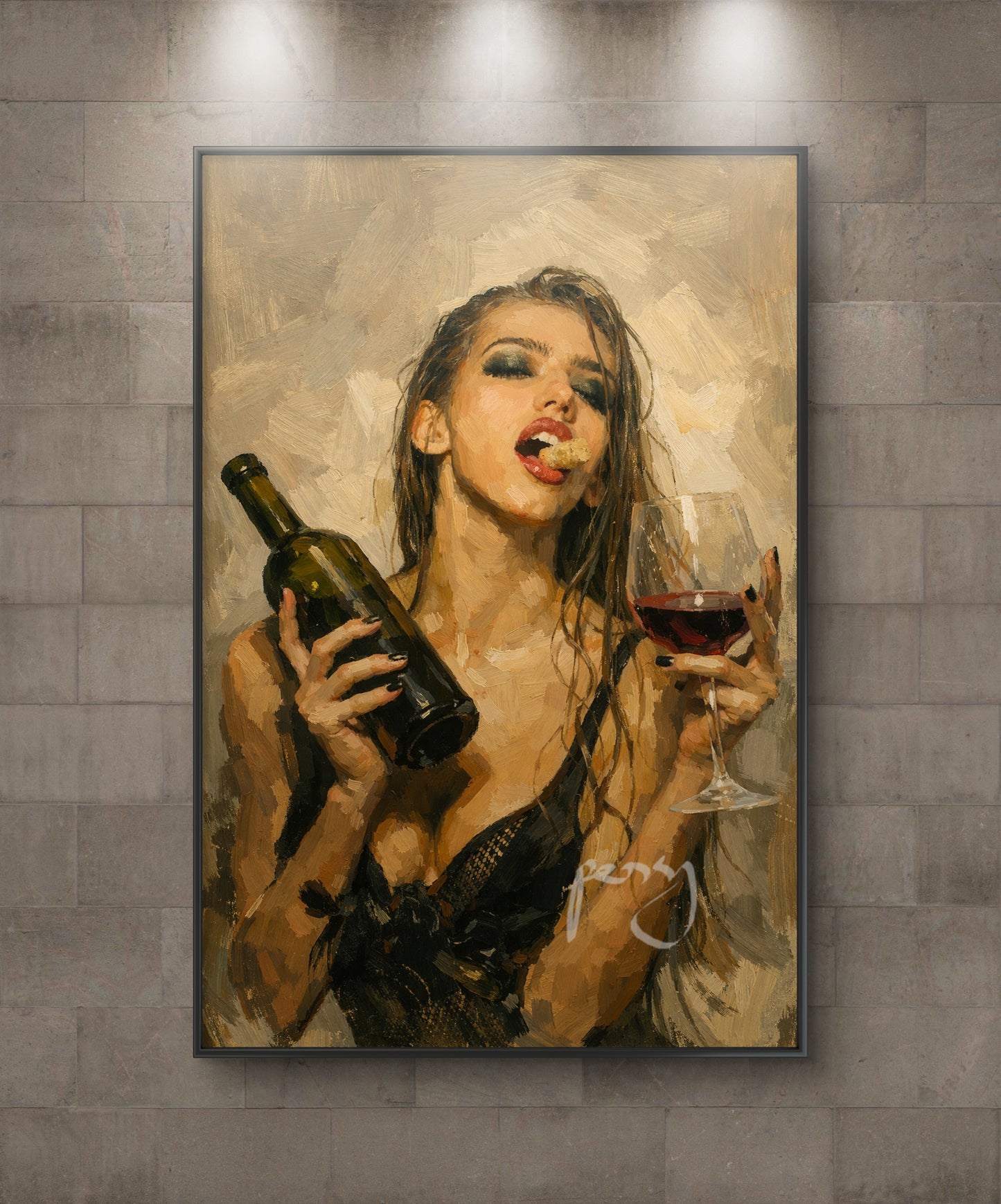 The with the bottle cork in the mouth drinking wine