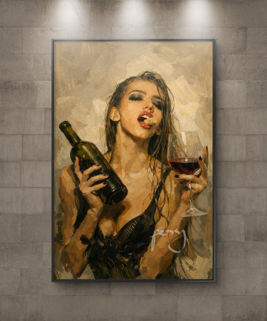 The with the bottle cork in the mouth drinking wine