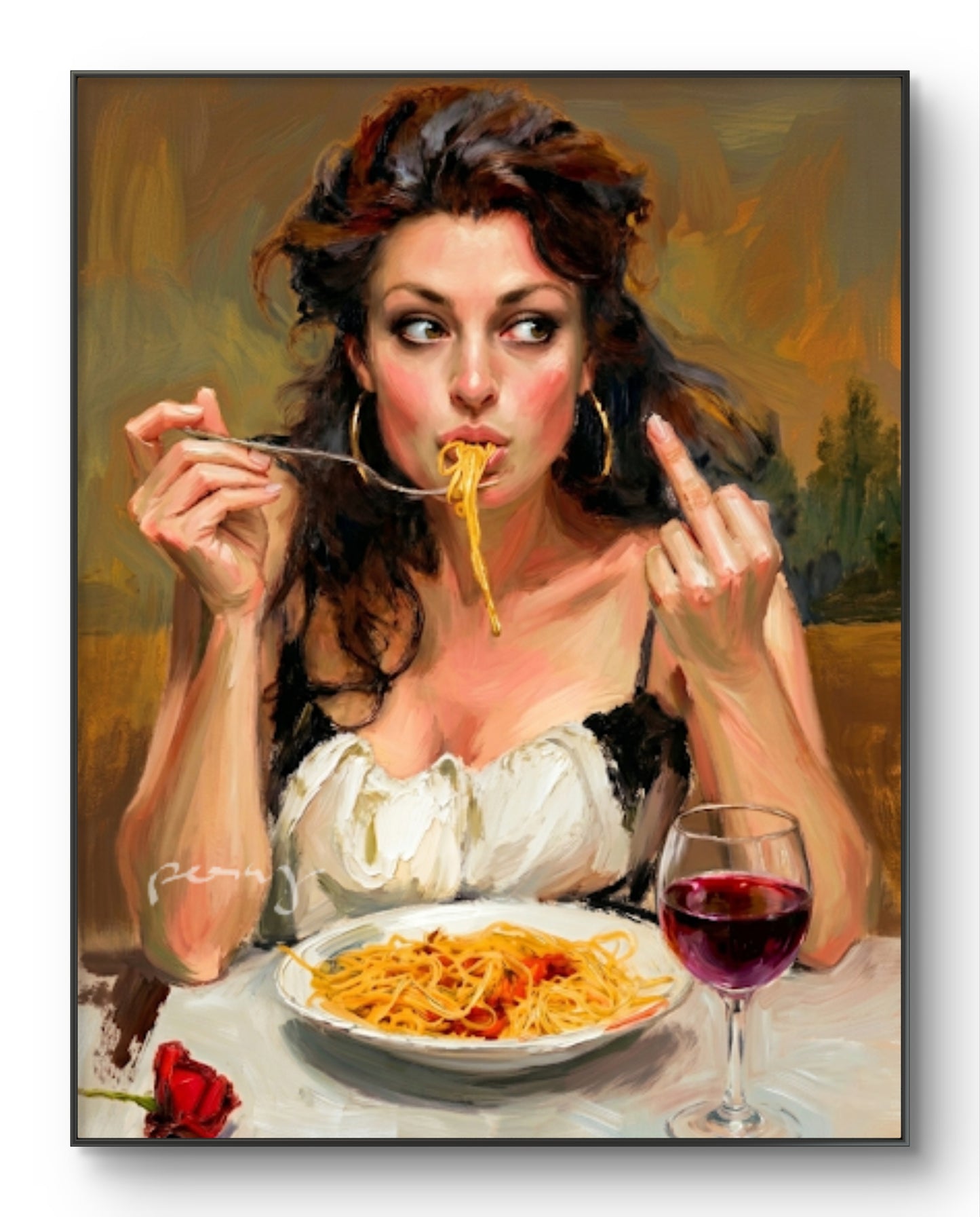 The one eating pasta and flipping off