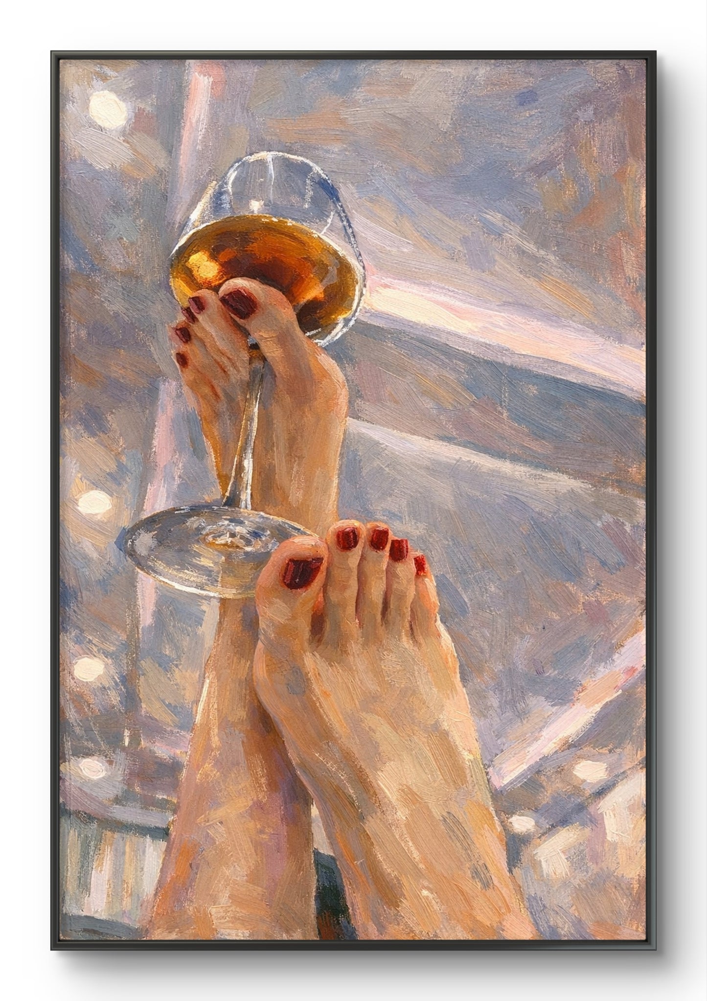 The one with feet up holding wine
