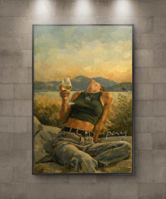 The one up on a hill with her head back and holding a glass of wine