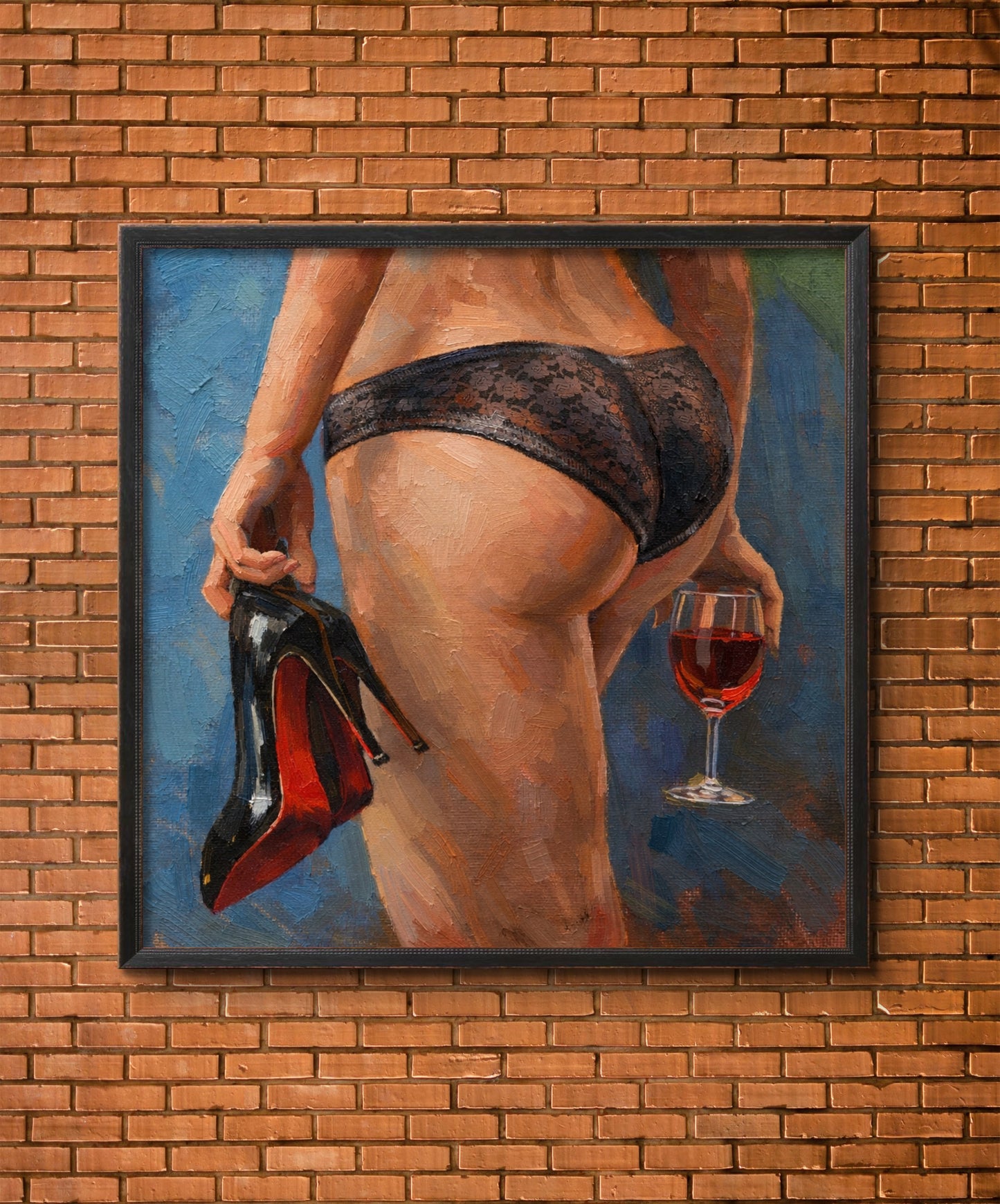 The one walking with her wine and shoes in hand.