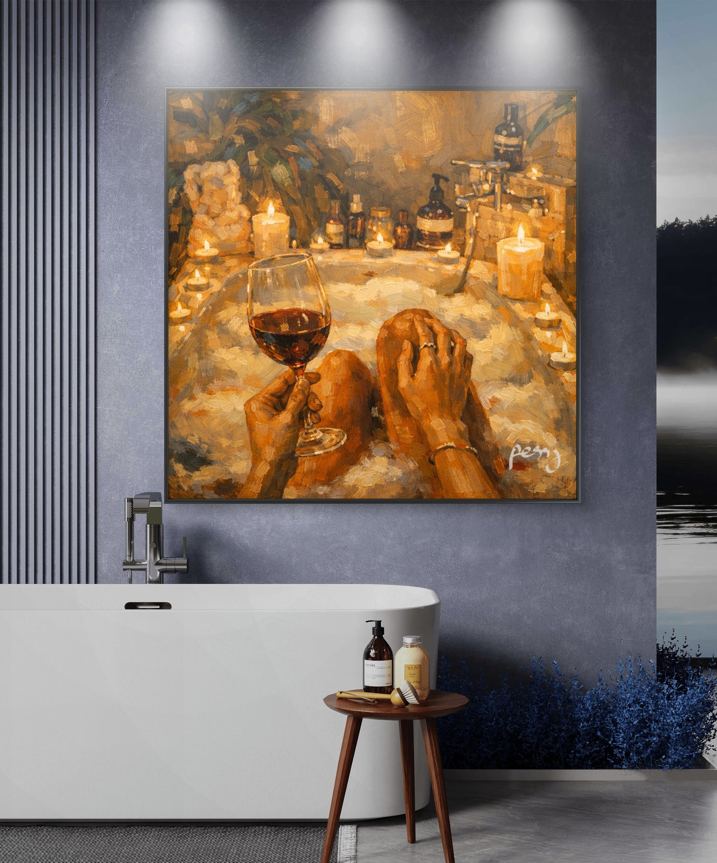 The one in bathroom with wine and candles