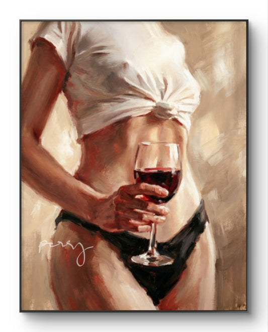 The one with the Tshirt tied up and holding her wine