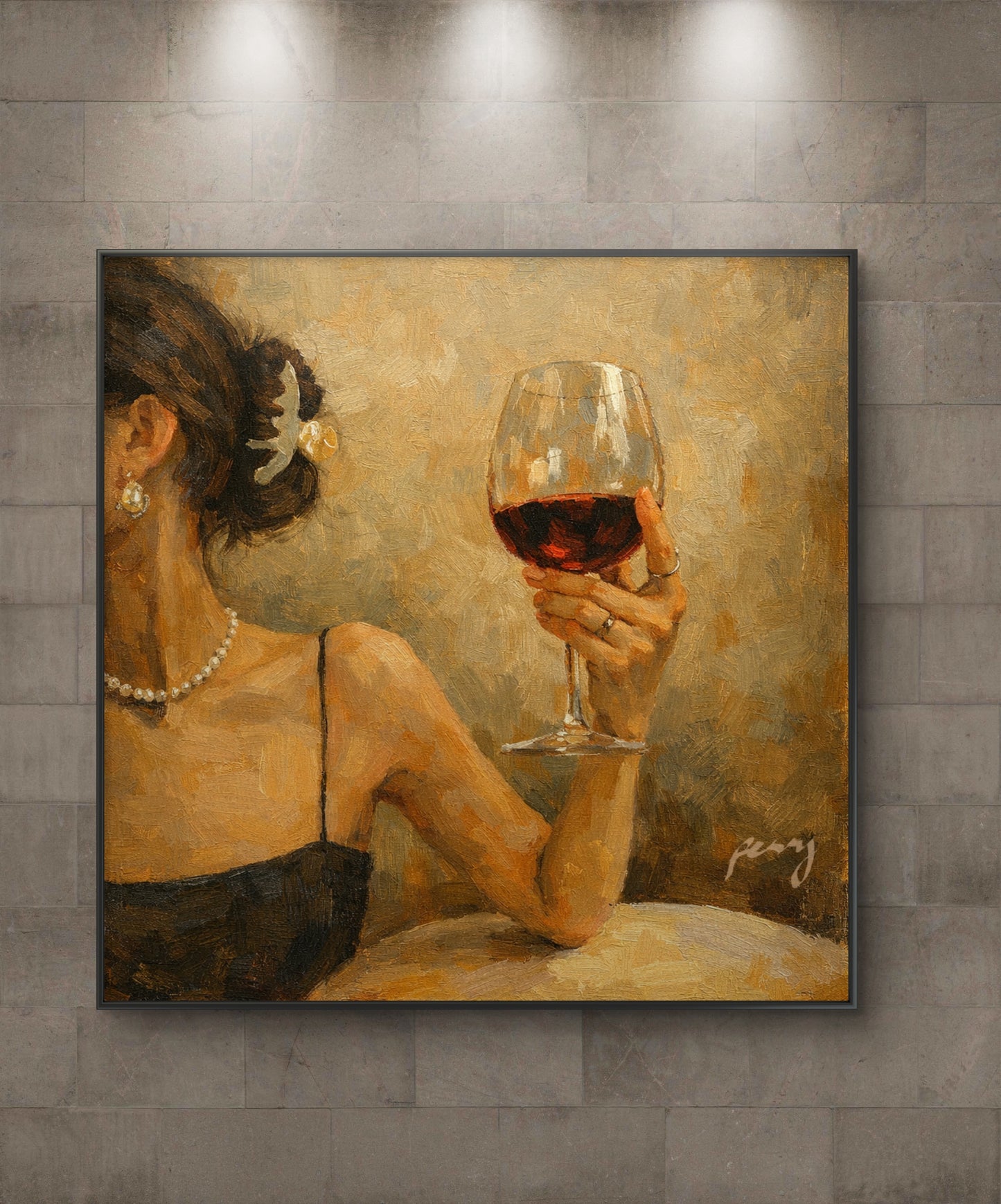 The one with the face away holding the wine glass