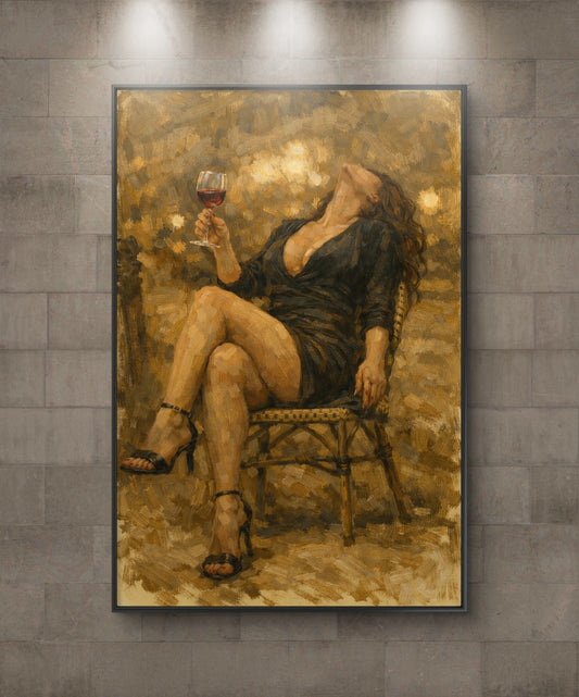 The one sitting on a chair and drinking wine