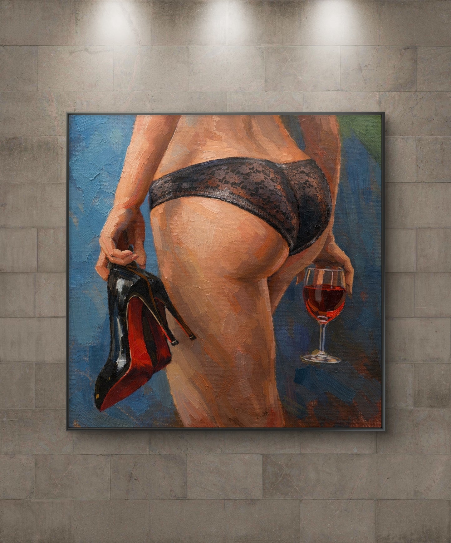 The one walking with her wine and shoes in hand.