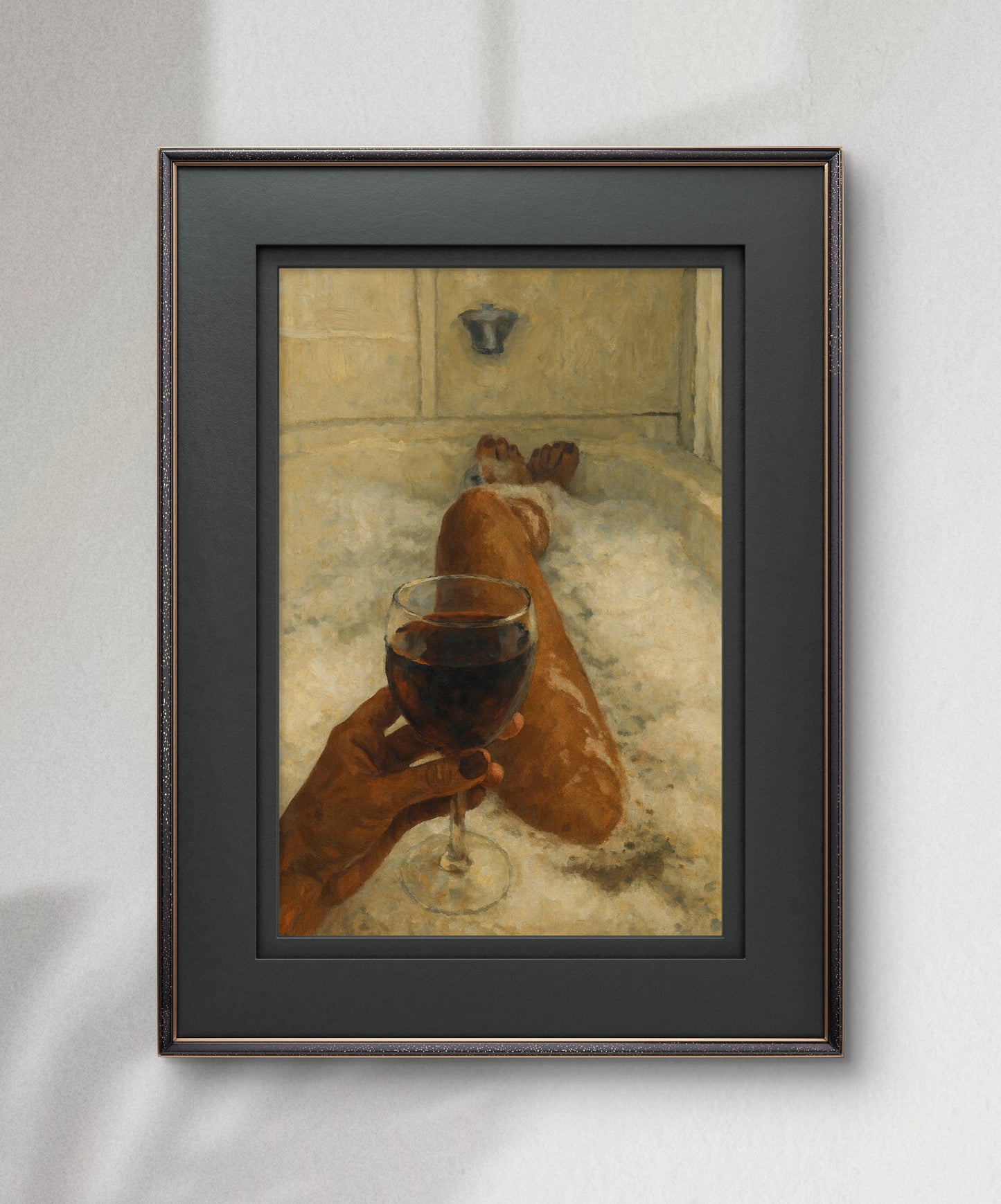 The one with brown skin in bathtub drinking wine