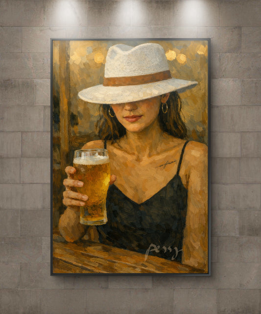 The one with beer with her hat on