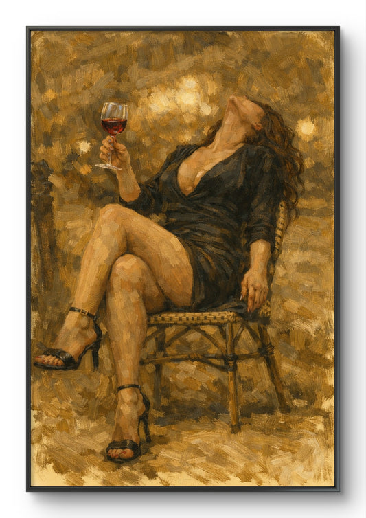 The one sitting on a chair and drinking wine