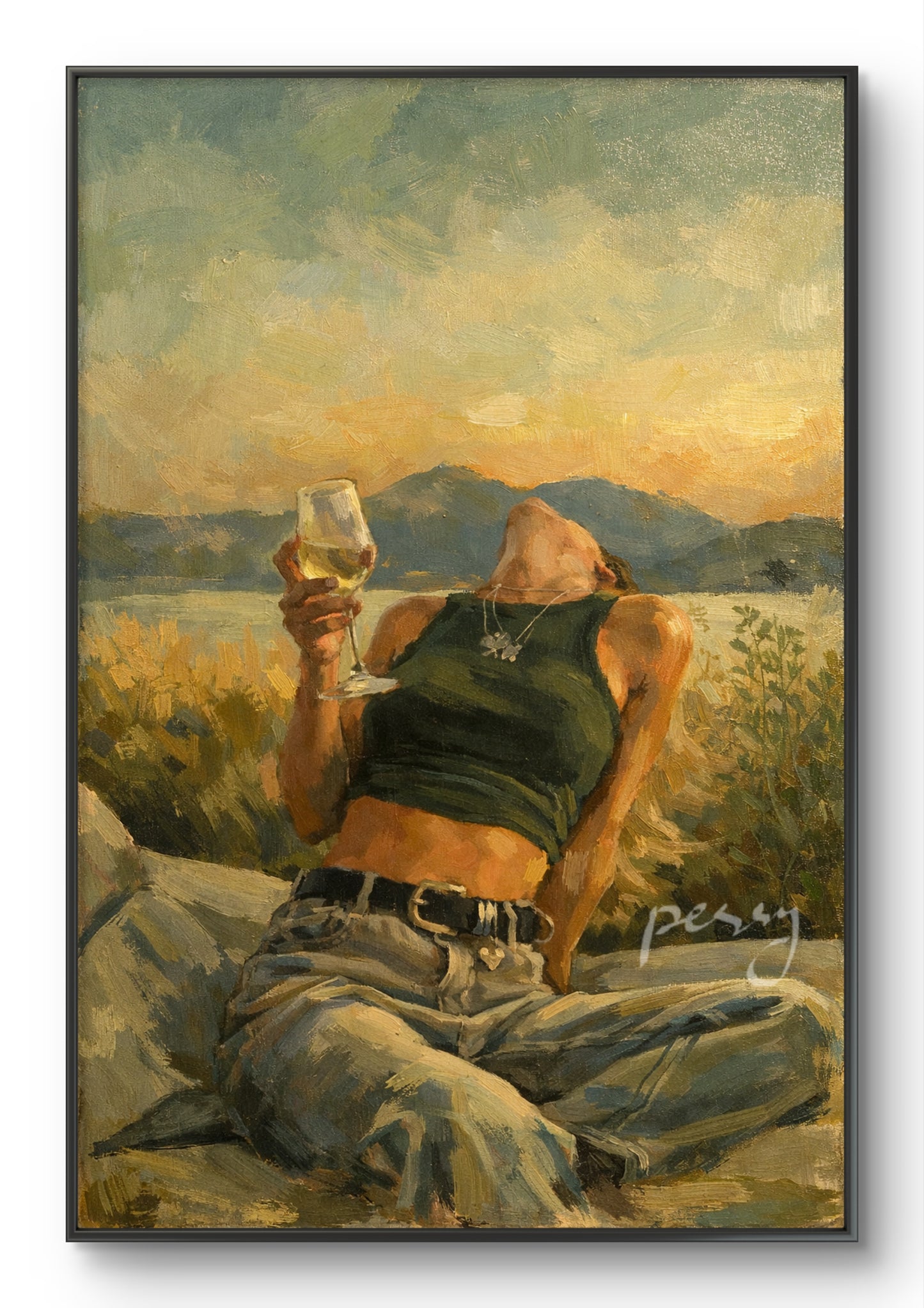 The one up on a hill with her head back and holding a glass of wine