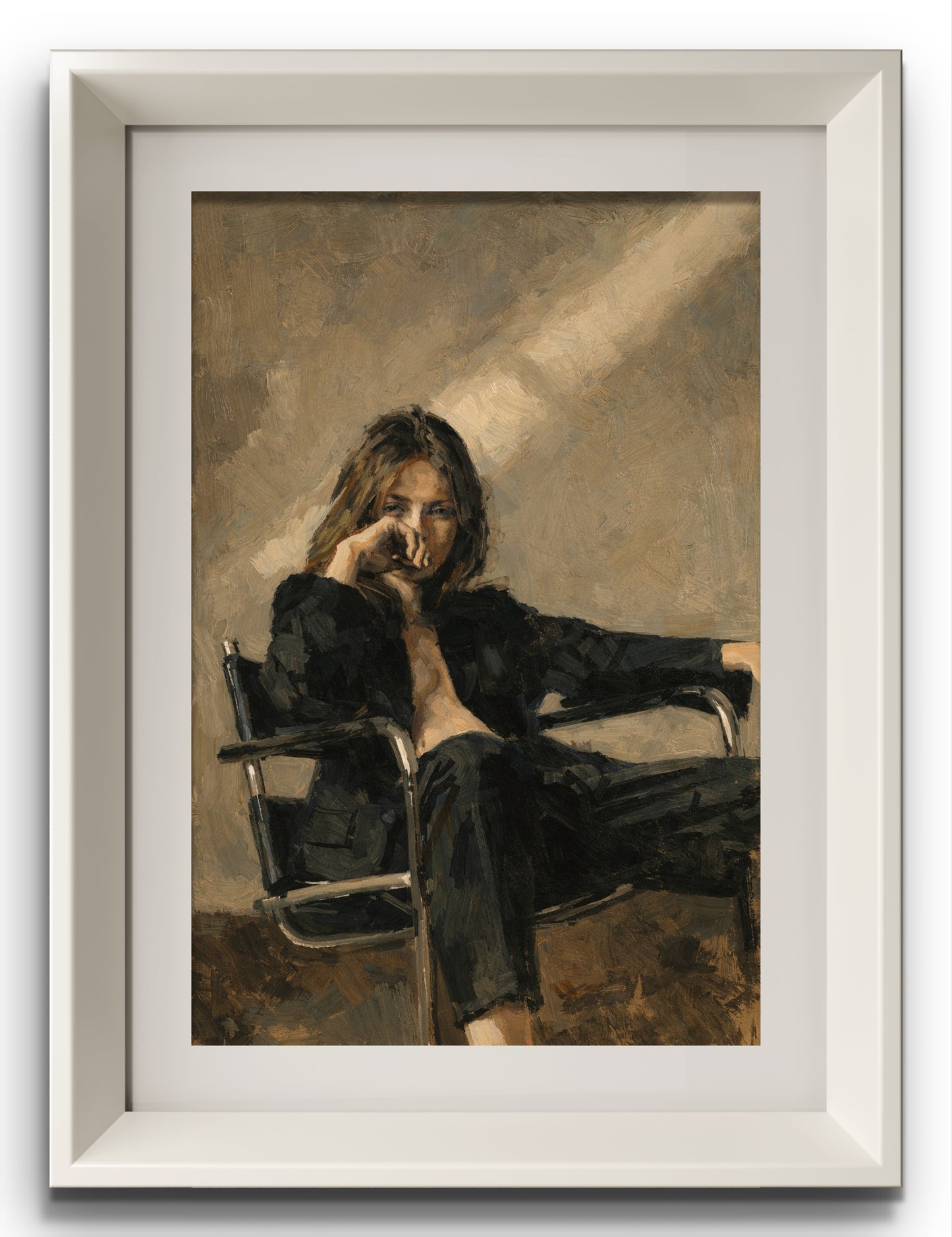 The one with the suit sitting on a chair