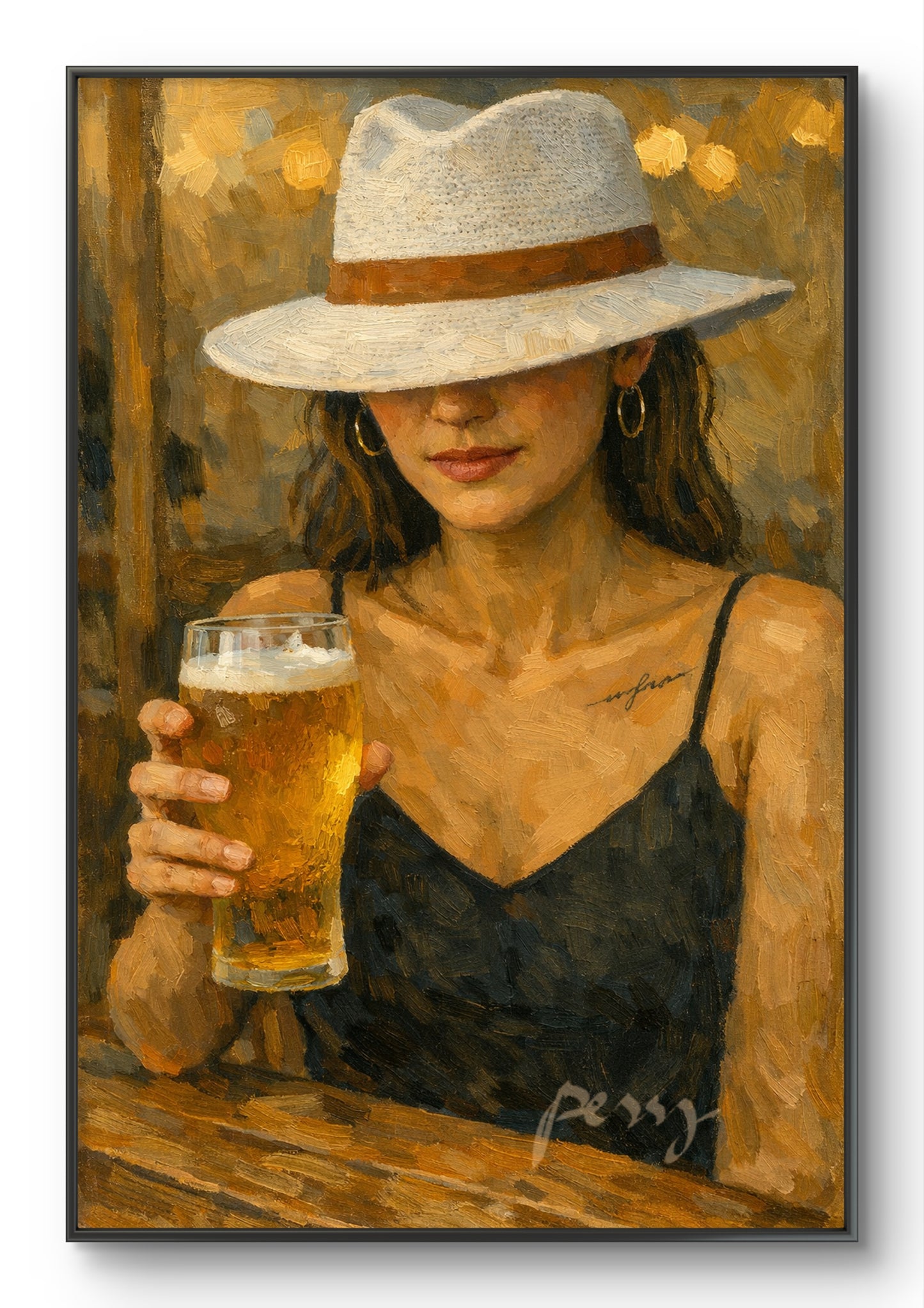 The one with beer with her hat on