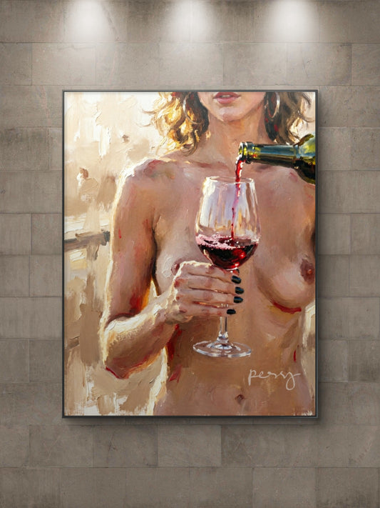 The one topless on the terrace drinking wine