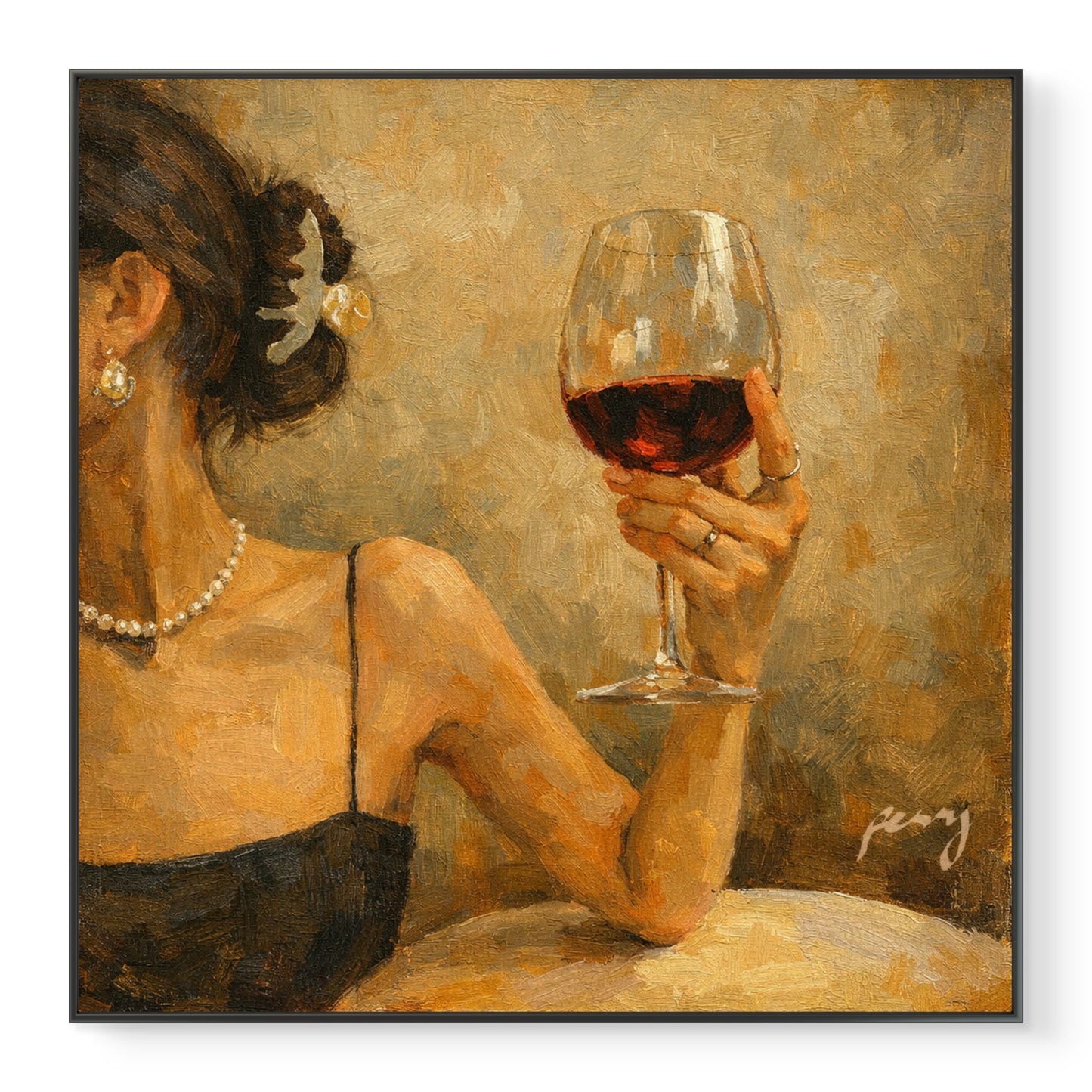 The one with the face away holding the wine glass